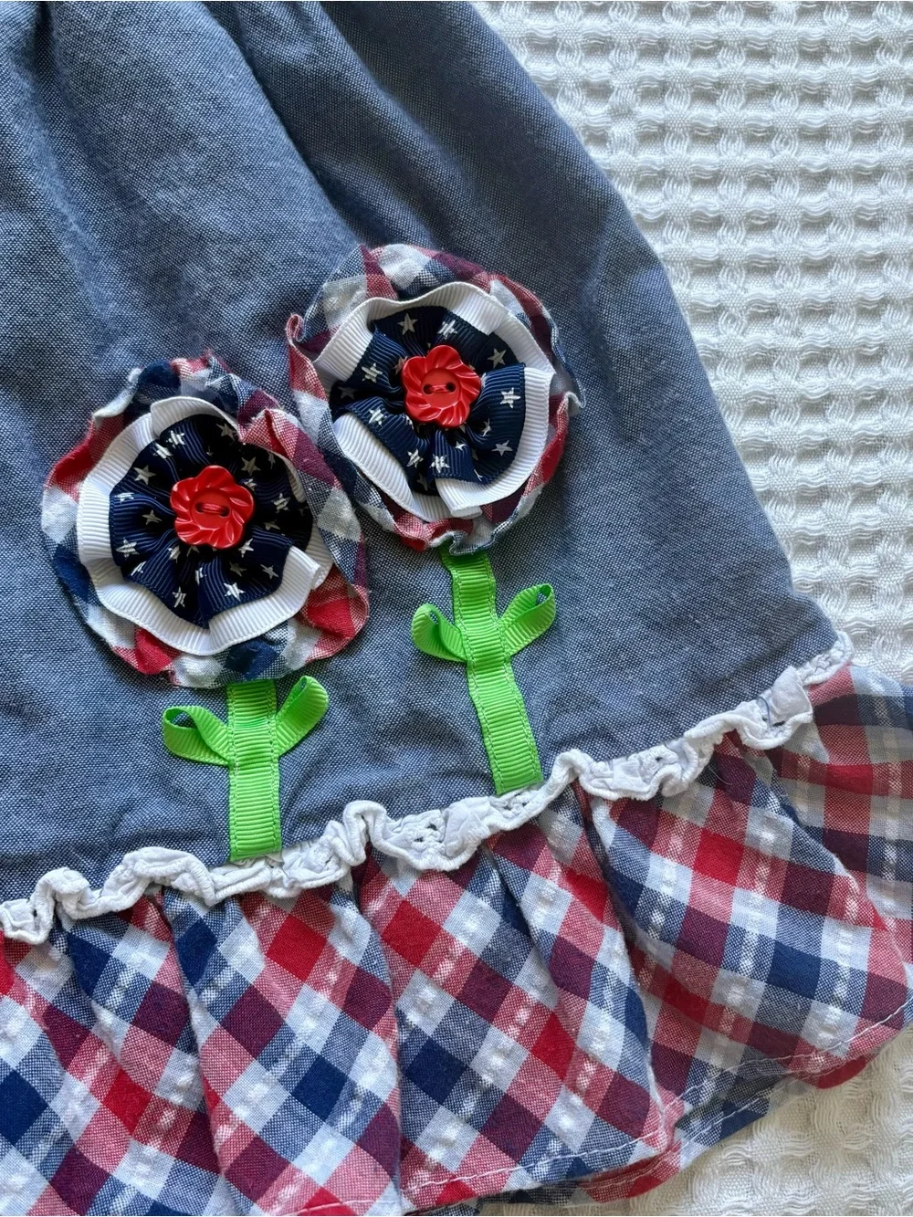 Bonnie Baby Chambray Plaid Sundress Red White Blue Flower Applique 4th July 18M
